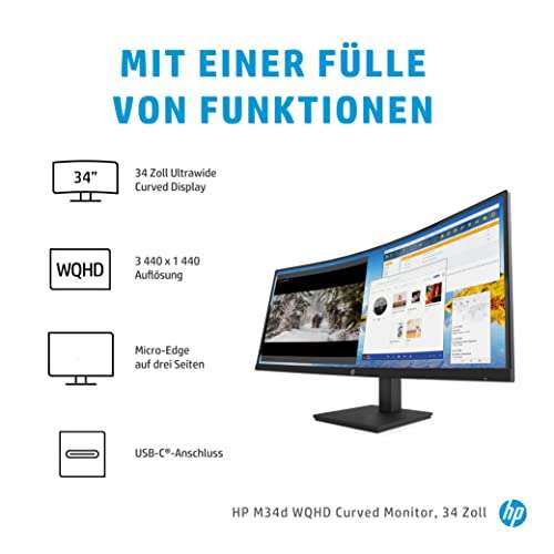 Monitor HP M34d - 34", WQHD VA, 100 Hz, 5 ms, KVM, PBP, HDMI/Displayport/USB-C (PD 65W) €356.73 @Amazon.de