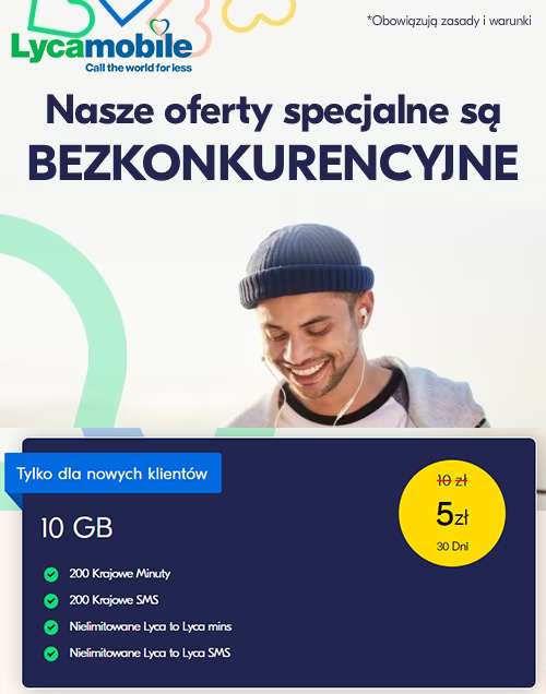 Mini oferta na kartę: 10GB Internetu, 200 minut rozmów i 200 SMS za 5 zł / msc przez rok @ LycaMobile