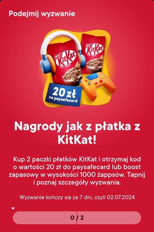 Kup 2 paczki płatków KitKat i otrzymaj kod o wartości 20 zł do paysafecard - żabka