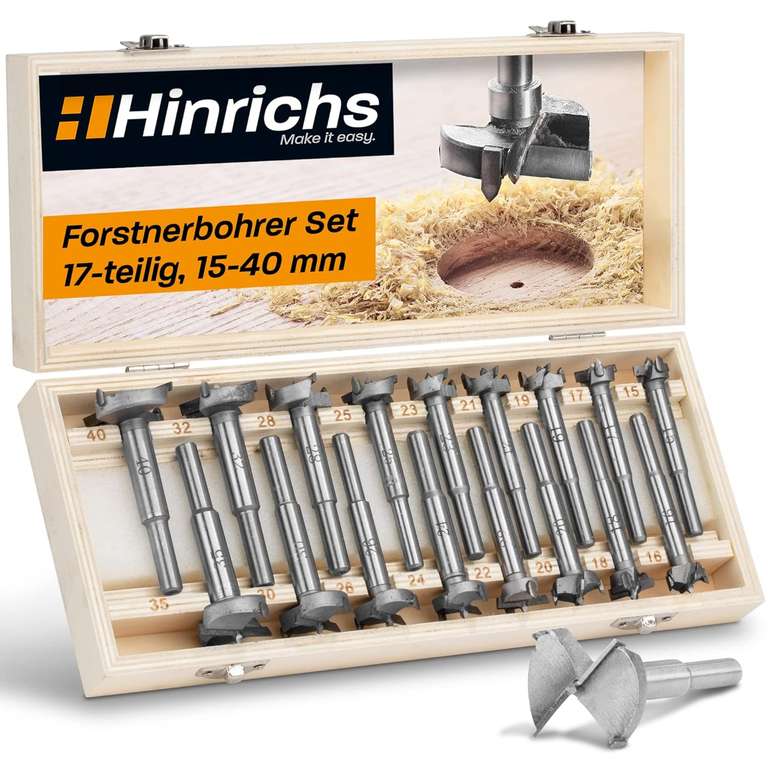 Hinrichs 17-częściowy zestaw wierteł Forstner w drewnianej walizce – 15 do 40 mm