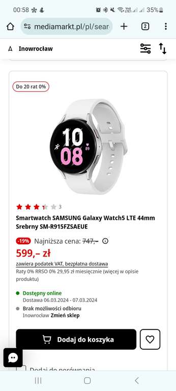 Samsung Watch 5 44mm LTE Srebrny