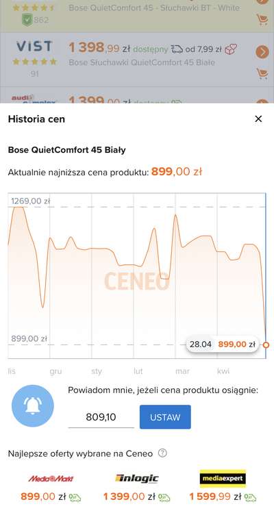 Bose QC45 słuchawki z ANC - QuietComfort 45 kolor Biały Smoke