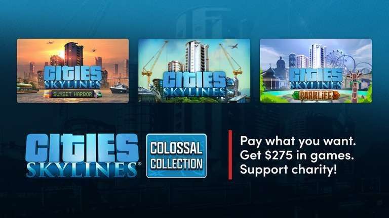 Cities Skylines Colossal Collecion - Gra + 30 DLC (PC, Steam lub Epic) w 4 progach od 1€ do 19€ @ Humble Bundle