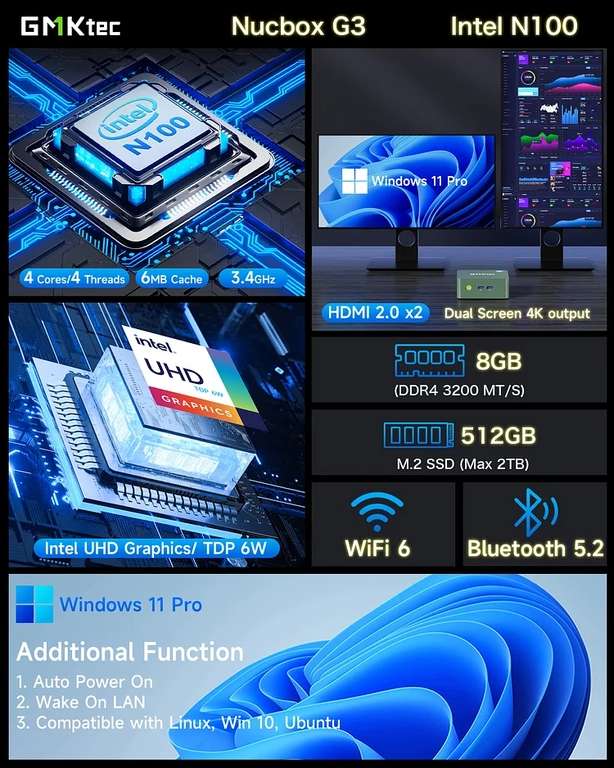 Mini PC Intel N100 Barebone slot DDR4 (do 32Gb) 1x nvme 2280 Sata 2240 Wifi6 2.5gbe