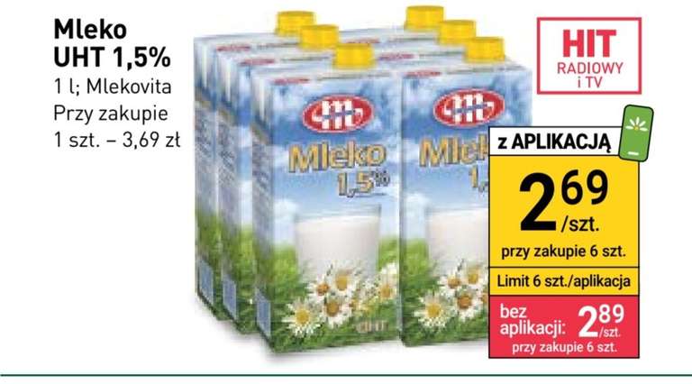 Mleko UHT 1,5% za 2,69zł/szt. przy zakupie 6 z aplikacją @Stokrotka
