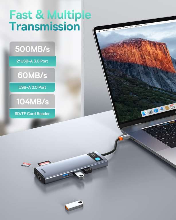 Baseus Stacja dokująca USB C, podwójny wyświetlacz, 9w1, USB C HUB 2, 4K HDMI, Gigabit Ethernet, 100 W PD, czytnik kart SD/TF, 3 USB