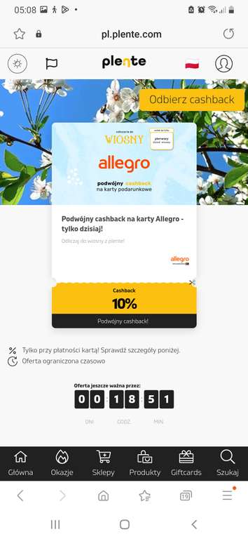 Allegro cashback na karty podarunkowe 10%
