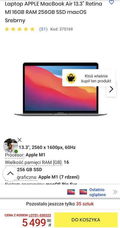 Laptop APPLE MacBook Air 13.3" Retina M1 16GB RAM 256GB SSD macOS Srebrny