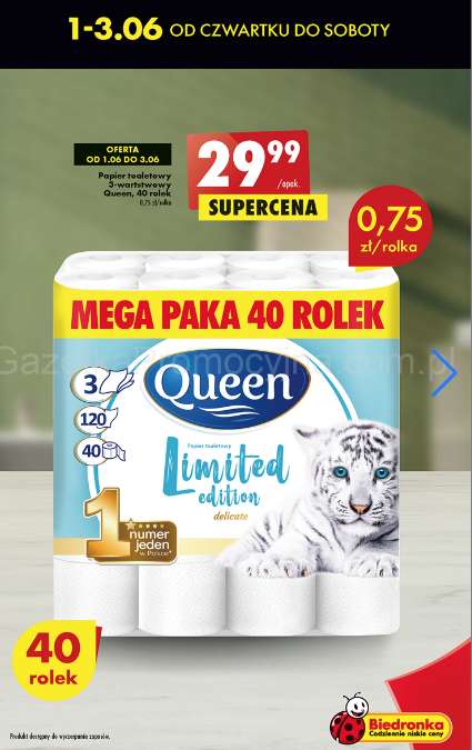 Papier toaletowy Queen 3-warstwy 40 rolek (1 rolka = 0,75zł) @Biedronka