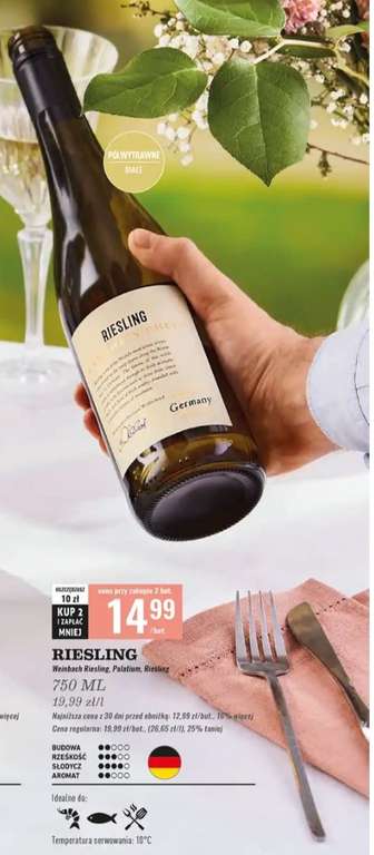 Wino RIESLING, białe półsłodkie lub półwytrawne 0,75L. BIEDRONKA