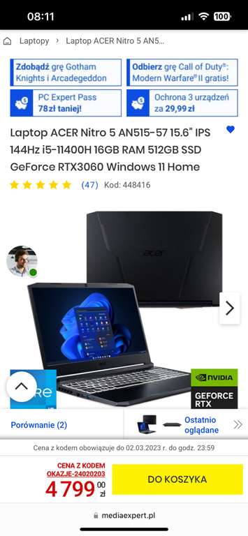 Laptop ACER Nitro 5 AN515-57 15.6" IPS 144Hz i5-11400H 16GB RAM 512GB SSD GeForce RTX3060 Windows 11 Home