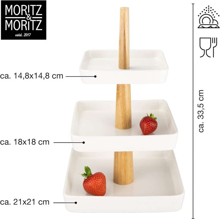 Moritz & Moritz Etażerka na owoce 3 poziomy, w zestawie szczypce, wykonana z wysokiej jakości porcelany, nowoczesna dekoracja kuchenna