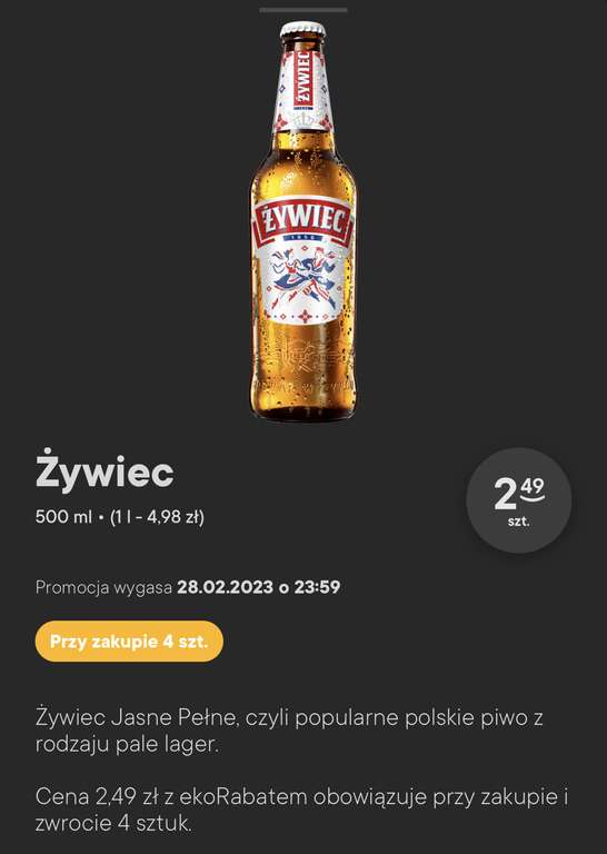 Piwo Żywiec (oraz Żywiec Białe) 500ml za 2,49zł przy zakupie 4 sztuk ze zwrotem butelek @Żabka