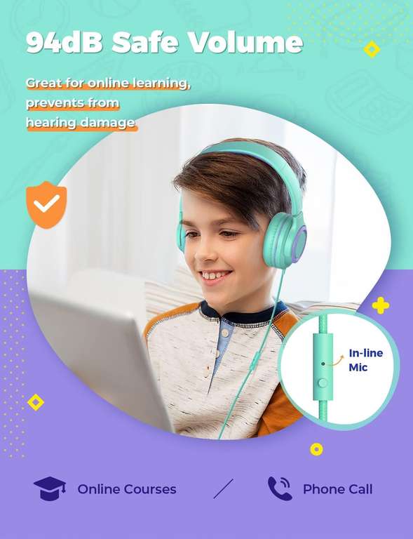 Dziecięce słuchawki iClever z mikrofonem [2 sztuki] – 94 dB Safe Volume Limited – przewodowe słuchawki dla dzieci z rozdzielaczem