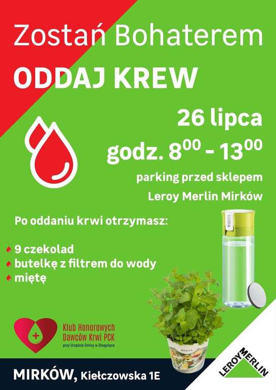 Akcja oddawania krwii w Leroy Merlin w Mirkowie - każdy krwiodawca otrzyma butelkę z filtrem do wody i miętę