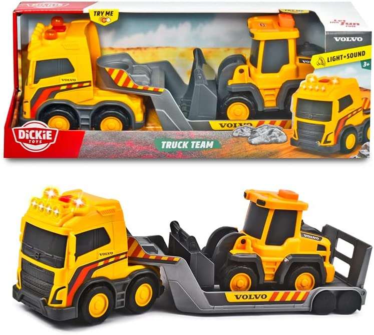Dickie Toys 203725008 VOLVO Truck Team Duża zabawkowa ciężarówka laweta z przyczepą i ładowarką 32cm