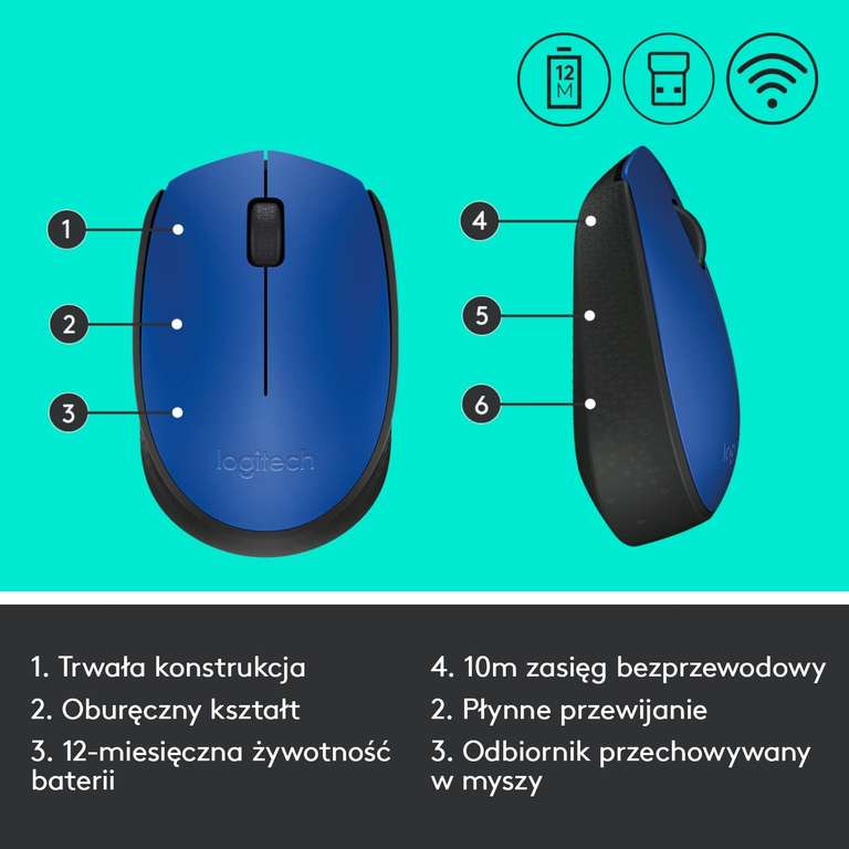 Logitech M171 - myszka bezprzewodowa - niebieska lub droższa o 1 zł czarna - sprzedaż i wysyłka amazon.pl