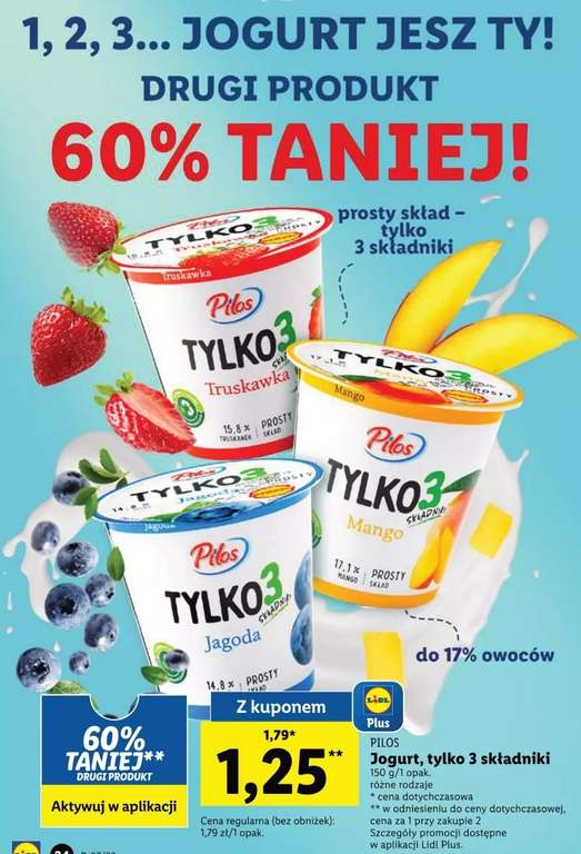 Jogurt Pilos Tylko 3 Składniki - drugi 60% taniej z kuponem Lidl Plus
