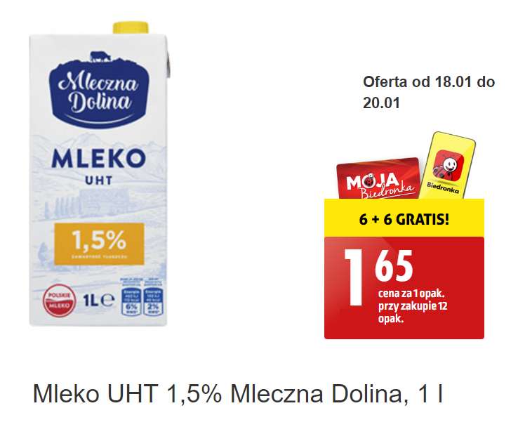 Mleko Mleczna Dolina 1.5% 6+6 gratis z aplikacją - Biedronka