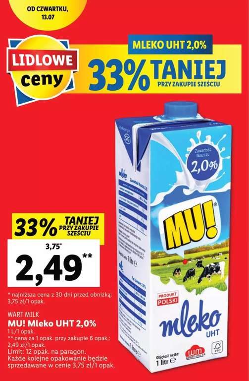 MU! Mleko UHT 2.0% przy zakupie 6 (max 12) | Lidl