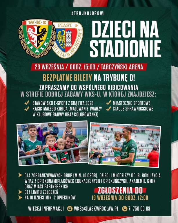 Kolejna edycja akcji "DZIECI NA STADIONIE">>> Darmowe bilety na sektor D na stadion WKS Śląska Wrocław dla grup dzieci i młodzieży