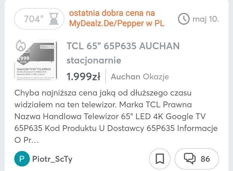 Telewizor TV 65" Tcl 65p635 w AuChan