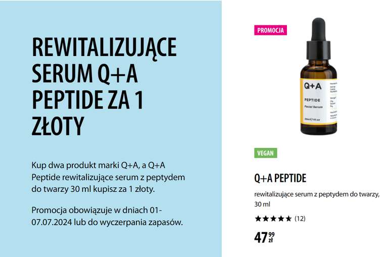 Kup dwa produkty marki Q+A, a rewitalizujące serum Q+A Peptide 30 ml kupisz za 1 zł @Hebe
