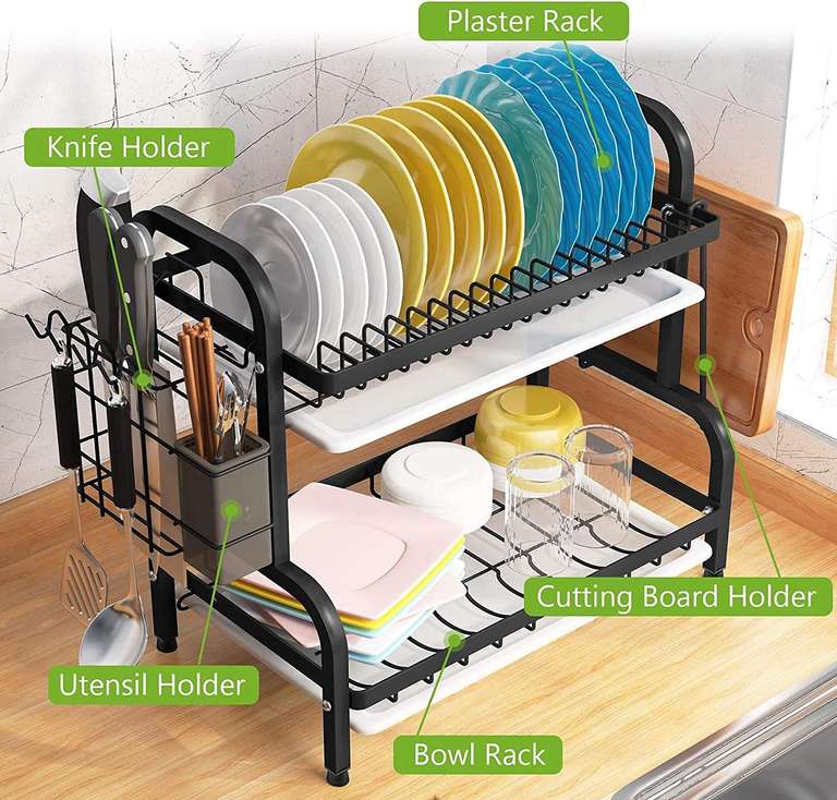 COVAODQ 2-poziomowy stojak do naczyń, OKAZJA BŁYSKAWICZNA, kompaktowy zestaw ociekaczy do kuchni (kolor czarny)