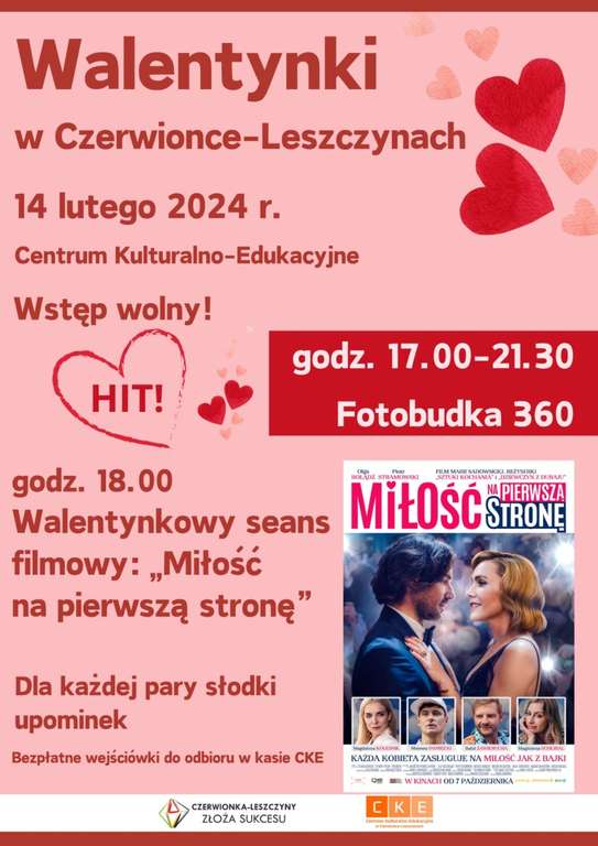 Walentynki w Czerwionce-Leszczynach: bezpłatny seans filmowy: "Miłość na pierwszą stronę", słodycze i romantyczne zdjęcia w fotobudce 360