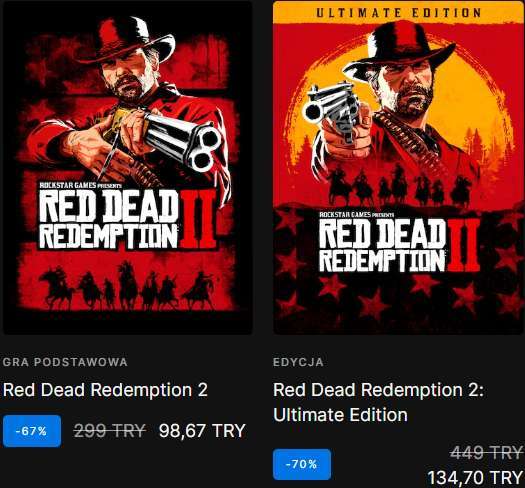Red Dead Redemption 2 za 23,07 zł i Red Dead Redemption 2: Ultimate Edition za 31,50 zł - VPN Turcja @ Epic Games