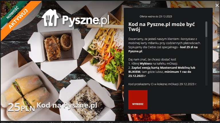25 zł zniżki w pyszne.pl dla użytkowników mbanku za płatnością mobilną kartą mastercard