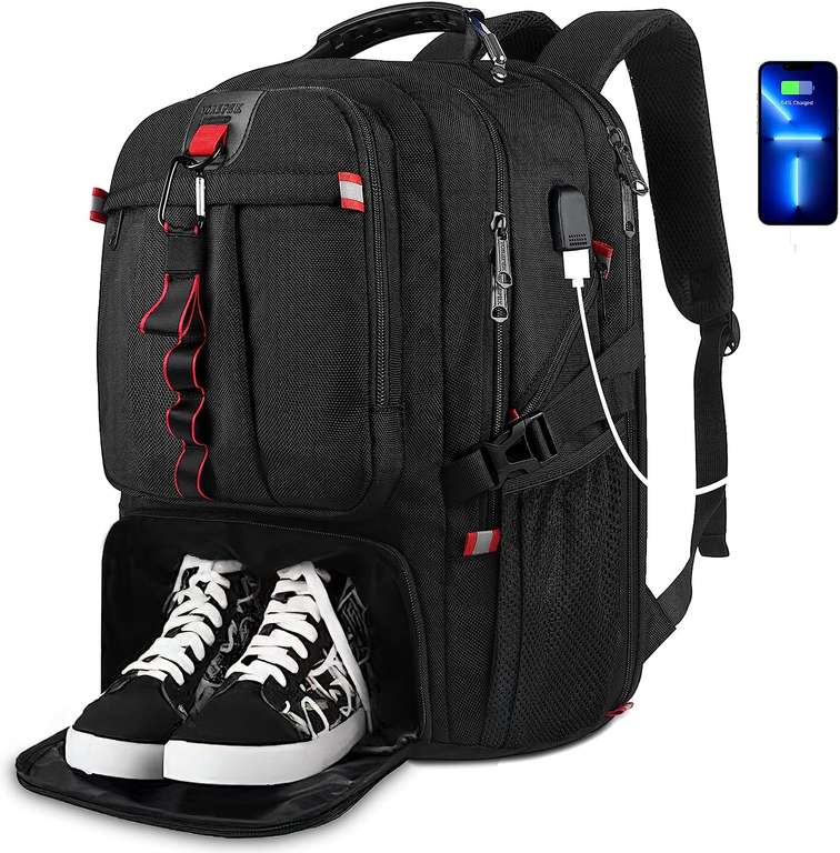 YOREPEK Duży plecak na laptopa do 17", 50L, z przegrodą buty, wodoodporny, z portem ładowania USB, Czarny