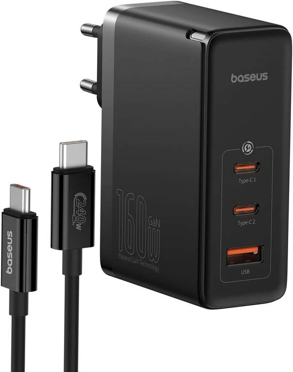 Baseus USB-C Ładowarka 160W, 3-portowa PD3.1 PPS, szybka ładowarka z technologią GaN 2*USB-C + 1*USB-A - Prime
