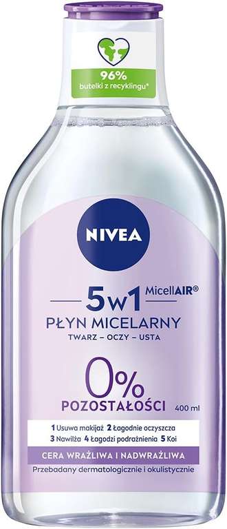 NIVEA 5w1 Pielęgnujący płyn micelarny do cery wrażliwej i nadwrażliwej 400 ml. Formuła 3w1 z pantenolem i olejkiem z pestek winogron