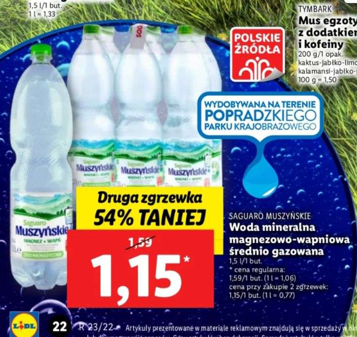 Woda mineralna Saguaro Muszyńskie 1,5l, cena przy zakupie 12 sztuk. @Lidl
