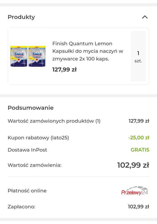 Tabletki do zmywarki Finish quantum lemon 2x100 szt. za 108 PLN z kodem PIKNIK20