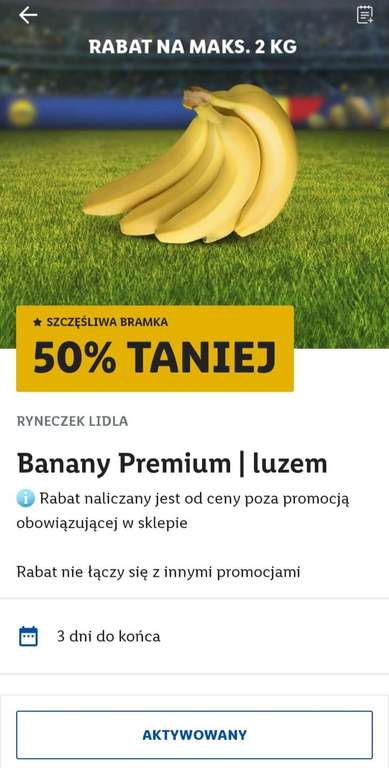 Podwójna promocja na banany 1,75 zł/1 kg w Lidlu z kuponem szczęśliwa bramka, dla wybranych