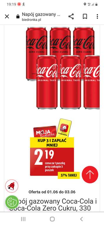 Coca-Cola i Coca-Cola Zero, 330 ml - 2,19 zł przy zakupie 3 puszek @Biedronka