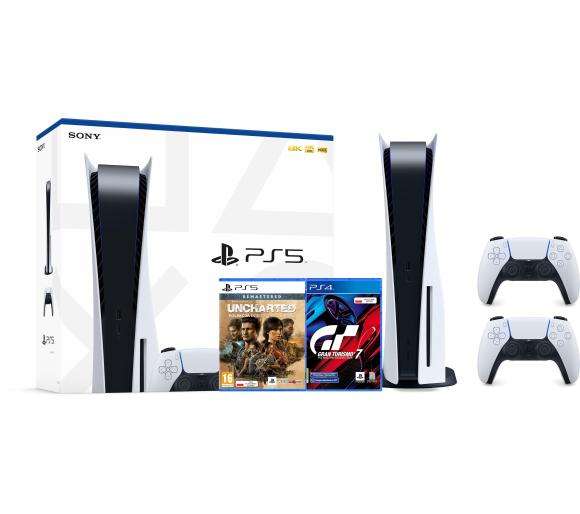 PS5 Sony PlayStation 5 + Gran Turismo 7 + Uncharted: Kolekcja Dziedzictwo Złodziei + dodatkowy pad (biały)