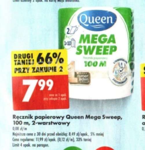 Queen Mega Sweep Ręcznik papierowy 100 m 2 - warstwowy cena przy zakupie 2 opak. @Biedronka
