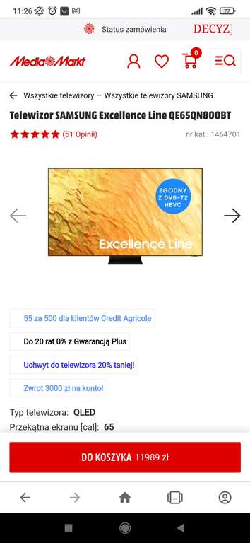 Samsung 65QN800B 8299 zł + zwrot 3000 zł + 5 lat gwarancja w cenie