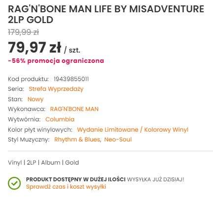 Płyta (album dwupłytowy) winylowa RAG'N'BONE MAN LIFE BY MISADVENTURE 2LP GOLD