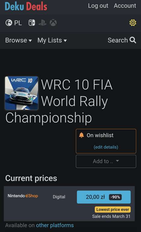 WRC 10 digital Nintendo Switch, EShop