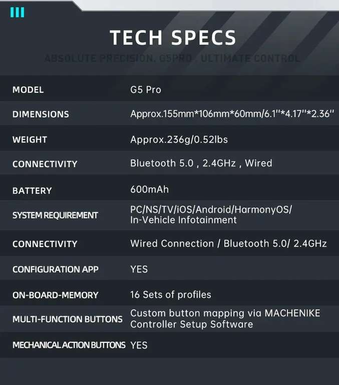 Kontroler Gamepad Machenike G5 Pro (Czujniki Halla, Gyro, Akumulator, PC - 2.4GHz/BT) - $22.54