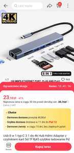 Hub 8w1 ; PD 87W ; RJ45 100Mbps ; HDMI 4K 30Hz ; 2x USB C ; USB 2.0 ; USB 3.0 ; SD ; Micro SD (do podstawowych zastosowań) US $8.45