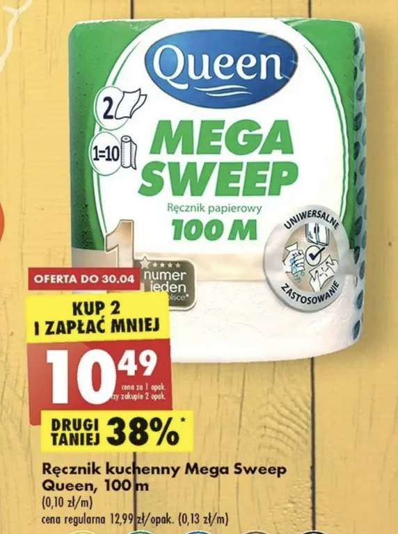 Ręcznik papierowy 100 m Mega Sweep Queen drugi taniej o 38%