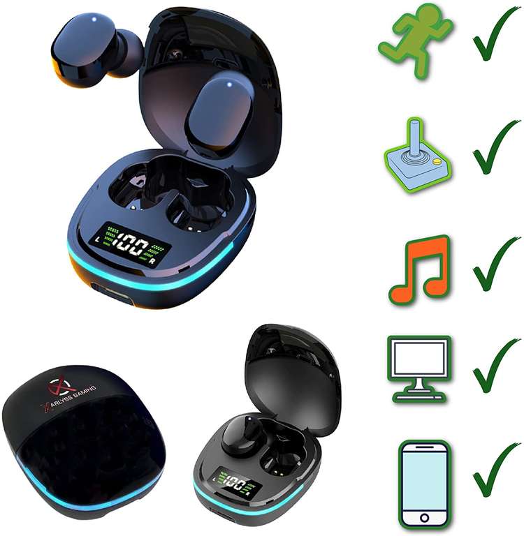 Gaming Bezprzewodowe Słuchawki Douszne Bluetooth 5.1 z Cyfrowym Etui do Ładowania,