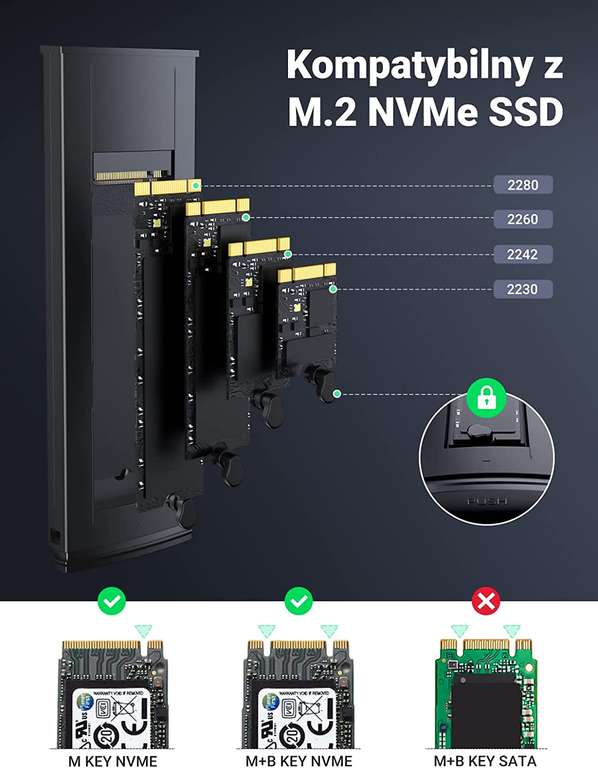 Obudowa dysku SSD NVMe M.2 Ugreen (kompatybilna z różnymi rozmiarami) @ Amazon