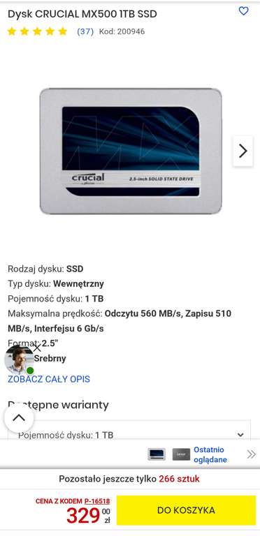 Dysk SSD Crucial MX500 1TB @Media EXPERT i inne sklepy