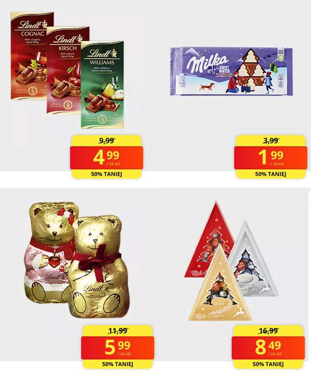 Wyprzedaż wybranych słodyczy świątecznych -50% (np czekolada Lindt za 4.99zł lub Milka Sweet Winter za 1.99zł) - Biedronka